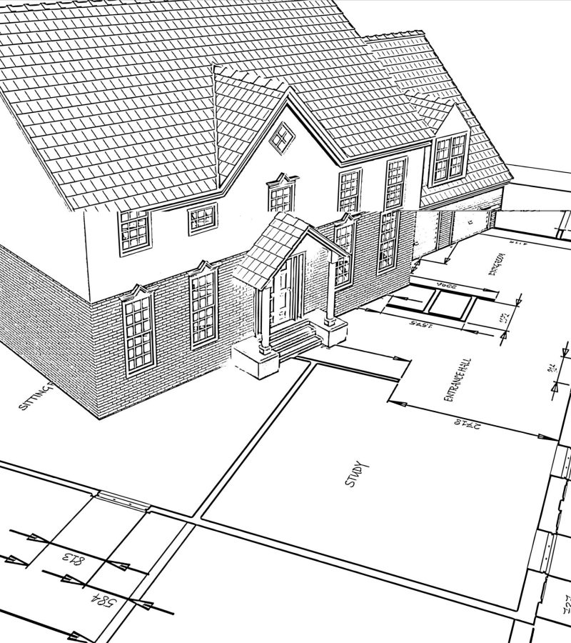 Sketched style illustration of a house on plans